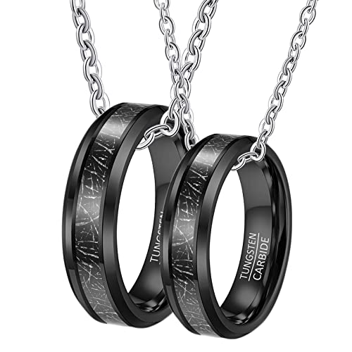 Paar Halskette mit Ring, Halskette mit Ring Wolfram Gravur 6mm Schwarz Ring Eingelegt Metalllinie Halskette Damen 60 + Herren 67 von Gualiy