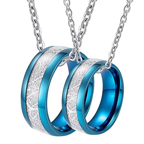 Pärchen Halskette Gravur, Edelstahlkette mit Anhänger 8mm Blau Ring mit Silber Paar Halskette Damen 65 + Herren 57 von Gualiy