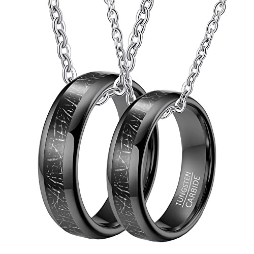 Pärchen Halskette Ring, Ring Halskette Wolfram Gravur 6mm Schwarz Ring Eingelegt Metalllinie Paar Halsketten Damen 60 + Herren 67 von Gualiy