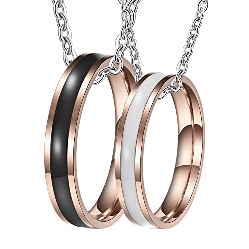 Partner Halsketten für Sie und Ihn mit Gravur, Edelstahl Kette Halskette 4mm Roségold Ring mit Emaille Paar Anhänger Damen 60 + Herren 54 von Gualiy