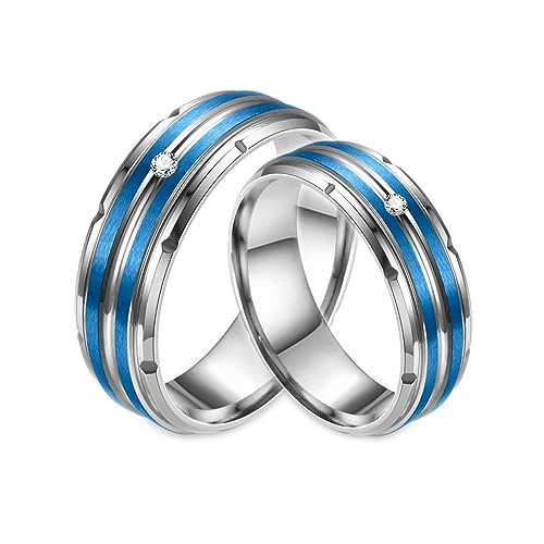 Titan Eheringe mit Gravur, Paar Verlobungsringe 8mm Silber und Blau Ring mit Zirkonia Ring Damen 60 (19.1)+ Herren 70 (22.3) von Gualiy