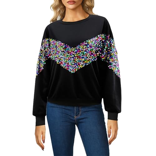 Guangch Pailletten Pullover Damen Glänzend Stern Glitzer Sweatshirt ohne Kapuze Elegant Rundhalsausschnitt Langarmshirt Lässige Loose Longshirt Mode Party Tops Festliche Blusen(AB-Schwarz,M) von Guangch