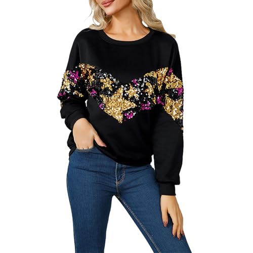 Guangch Pailletten Pullover Damen Glänzend Stern Glitzer Sweatshirt ohne Kapuze Elegant Rundhalsausschnitt Langarmshirt Lässige Loose Longshirt Mode Party Tops Festliche Blusen(AC-Schwarz,L) von Guangch