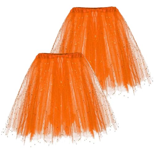 1/2/3 Stück Damen 50er Ballettrock Multi-Schichten Vintage Ballet Blase Firt Tulle Petticoat Puffy Tutu Rock Tüllrock Minirock Tanzkleid Kurz Unterrock Dehnba Abendkleid (2 Stück-Orange, One Size) von Guanghuansishe