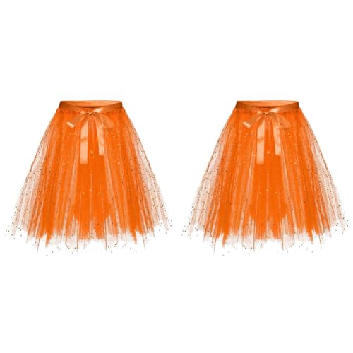 1/2/5 Stück Tüllrock Damen Petticoat Unterrock Rock 50er Vintage Ballet Blase Tanzrock Tanzkleid Ballkleid Kurz Retro Tütü Rock Röcke Kleid Ballett Petticoat Length 30cm/40cm/50cm (2 Stück Orange, C) von Guanghuansishe