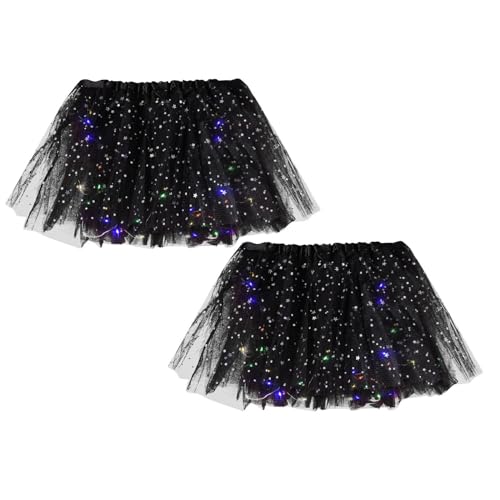 1/2/6 Stück Damen Tüll Tutu Rock Sterne Pailletten Tutu Rock Mit LED Lampe Prinzessin Rock für Party Ballett Tanzen, Tüllrock Damen LED Tütü Erwachsene Teenager Party Ballett (2 Stück Black, One Size) von Guanghuansishe