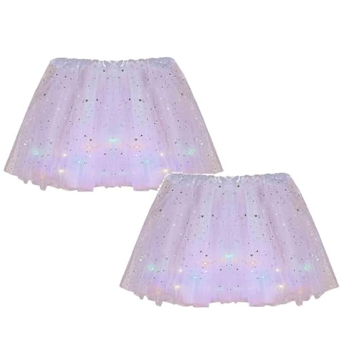 1/2/6 Stück Damen Tüll Tutu Rock Sterne Pailletten Tutu Rock Mit LED Lampe Prinzessin Rock für Party Ballett Tanzen, Tüllrock Damen LED Tütü Erwachsene Teenager Party Ballett (2 Stück White, One Size) von Guanghuansishe