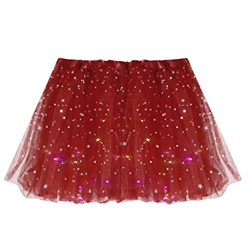 Damen Tüll Tutu Rock Sterne Pailletten Tutu Rock Mit LED Lampe Prinzessin Rock für Party Ballett Tanzen, Tüllrock Damen LED Tütü Erwachsene Teenager Tutu Party Ballett Tanzen Fancy (Wine, One Size) von Guanghuansishe