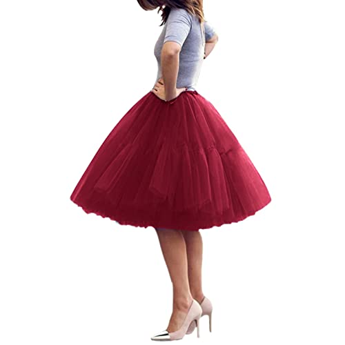 Damen Tüllrock Tutu Skirt 5 Lage Petticoat Ballettrock Unterrock Pettiskirt, Tüllrock Damen Unterrock Tütü Rock Hohe Taille Elastische Petticoat Tüllrock Party Rockabilly Tüll Rock (Wine, One Size) von Guanghuansishe