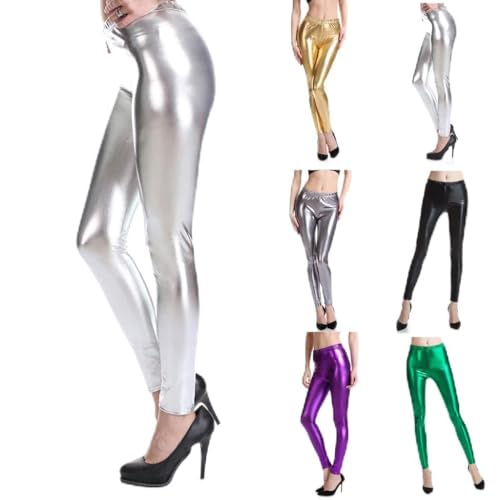 Leggins Silber Metallic Damen Glänzende Hose mit hoher Taille Shiny Legging Sexy glänzend Wet Look & Mat voller Länge Leggings hohe Taille Latex Kunstleder Glanz Metallic Partylook (B-White, XXL) von Guanghuansishe