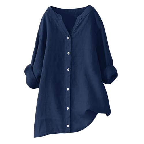 Musselin Bluse Damen, Leinenbluse Damen Sommer Langarm Große Größen Hemdbluse Blusenkleid Leinen Elegant Weiß Longbluse Blusenshirt Bügelfrei Schwarz Mittelalter Tuniken (Top 1-Navy, XXXXL) von Guanghuansishe