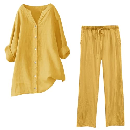 Zweiteiler Damen Sommer Musselin Blusen Lange Hose Sets 2 Teiler, Sommer Hemd Langarm Hohe Taille Weites Bein Hosen Outfits Damen Set, Plissee Hosenanzug Elegante Freizeitanzug (Sets 2-Yellow, XXL) von Guanghuansishe