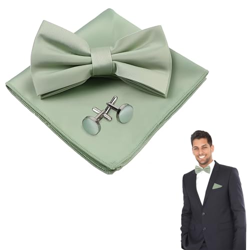 Guanici Hochzeit Fliege Herren Mit Taschentuch Manschettenknöpfe Set Fliege für Formelle Anlässe Hochzeiten Abendpartys und Feierlichkeiten（Salbeigrün） von Guanici
