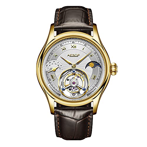 GUANQIN Aesop Analog Mechanische Handaufzug Armbanduhr Herren Edelstahl und Leder Saphir Männlich Skelett Echtes Tourbillon Mondphase Uhr Wasserdicht Leuchtend Chronograph von Guanqin