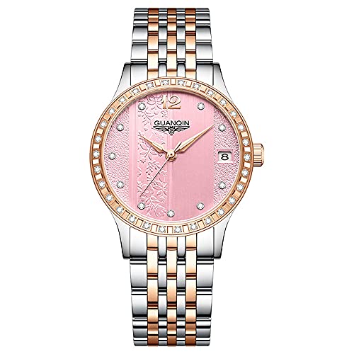 Guanqin Automatikuhren, selbstaufziehend, für Damen, Edelstahl-Uhr, einfaches Kleid, mechanische Damen-Armbanduhr, Datum, leuchtend, wasserdicht, Gj16188 Rose Pink, 32 mm, Armband von Guanqin