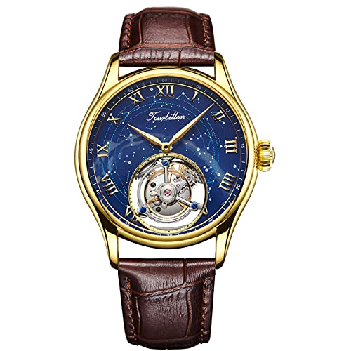 Guanqin Echtes Tourbillon Skelett Handaufzug Mechanische Armbanduhr Herren Saphir Manuelle Business Kleid Uhr für Mann Leuchtend Sternenhimmel Zifferblatt Lederband, Goldbraun, 42mm, Armband von Guanqin