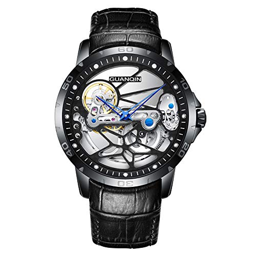 GUANQIN Herren Skelett Analog Automatik Selbstaufzug Mechanische Armbanduhr mit Lederband, Schwarz , Armband von Guanqin