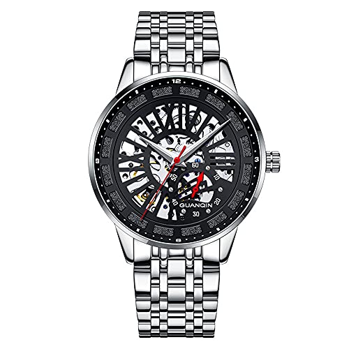 GUANQIN Skelett Automatik Mechanische Herren Armbanduhr Business Edelstahl Saphir Kristall Wasserdicht Selbstaufzug Uhr Leuchtend Chronograph, Gj16201 Silber Schwarz, M, 40mm, Armband von Guanqin