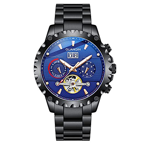 GUANQIN Skelett Automatisch Mechanische Herren Armbanduhr Business Edelstahl Saphir Kristall Wasserdicht Selbstaufzug Uhr Leuchtend Tag Datum Monat, blau / schwarz, M, 44mm, Armband von Guanqin