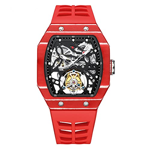 Guanqin Analoge mechanische Handaufzug quadratische Armbanduhr Herren Edelstahl und Silikon Saphir Männliches Skelett Echte Tourbillon Uhr Wasserdicht Leuchtender Chronograph, rot, M, 41mm, Armband von Guanqin