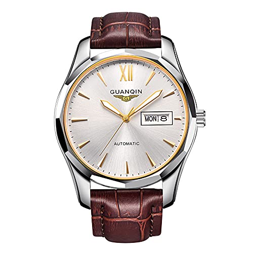 Guanqin Herren-Armbanduhr, analog, japanisches Uhrwerk, automatisch, selbstaufziehend, mechanische Armbanduhr mit Wolframstahlgehäuse und Lederband, Gold, Weiß, Braun, Gurt von Guanqin
