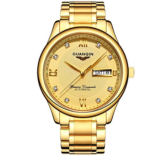 Guanqin Analoge Herren-Armbanduhr, automatisch, selbstaufziehend, mechanisch, wasserdicht, leuchtend, Kalender, Edelstahlband, Business-Armbanduhr, gold, Armband von Guanqin