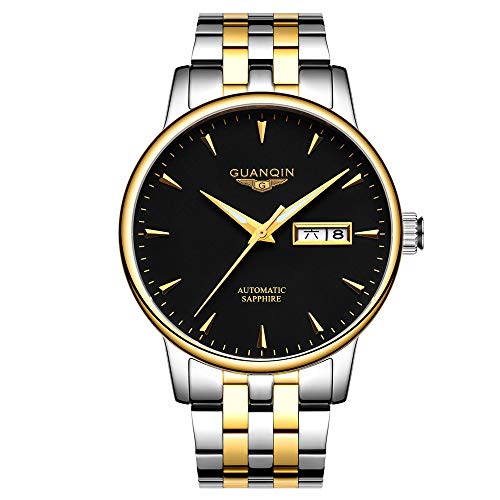 Guanqin Herren Analog Mode Automatik Selbstaufzug Mechanische Edelstahl Leder Armbanduhr Datum Leuchtend, Silber, Gold, Schwarz, Armband von Guanqin