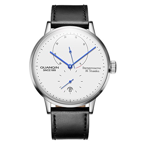 Guanqin Herren-Armbanduhr mit Kalender, analog, automatisch, selbstaufziehend, mechanische Armbanduhr mit Edelstahl-Lederband, Leder Silber Weiß Schwarz, Gurt von Guanqin