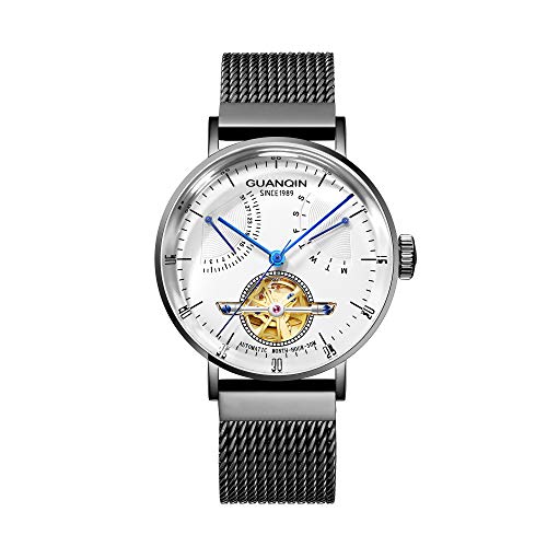 Guanqin Herren-Armbanduhr mit Kalender, analog, automatisch, selbstaufziehend, mechanische Skelett-Armbanduhr mit Stahlband, weiß/schwarz, Gurt von Guanqin