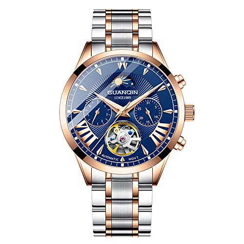 Guanqin Herren Analog Automatik Selbstaufzug Mechanische Skelett Armbanduhr mit Edelstahl/Leder Band Mondphase Leuchtend, Roségold Blau, Armband von Guanqin