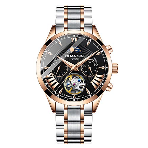 Guanqin Herren Analog Automatik Selbstaufzug Mechanische Skelett Armbanduhr mit Edelstahl/Leder Band Mondphase Leuchtend, Roségold Schwarz, Armband von Guanqin