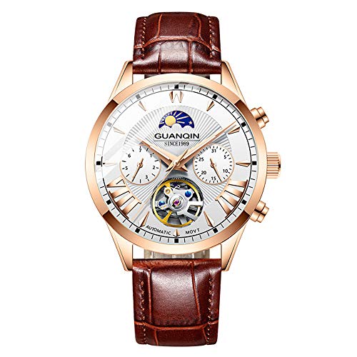 Guanqin Herren Analog Automatik Selbstaufzug Mechanische Skelett Armbanduhr mit Edelstahl/Leder Band Mondphase Leuchtend, Rotgold, Weiß, Braun, Gurt von Guanqin