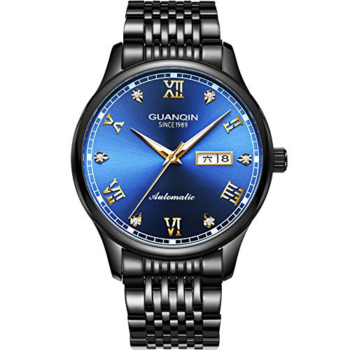 Guanqin Herren Analog Mode Strass Automatik Selbstaufzug Mechanische Edelstahl Leder Band Business Armbanduhr Leuchtend, Blauer schwarzer Stahl, Armband von Guanqin