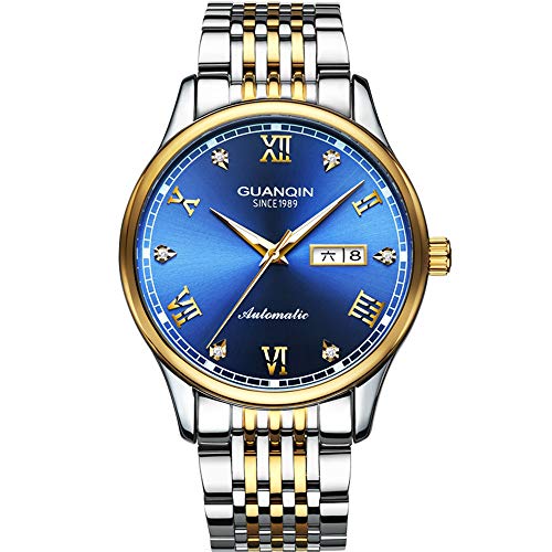 Guanqin Herren Analog Mode Strass Automatik Selbstaufzug Mechanische Edelstahl Leder Band Business Armbanduhr Leuchtend, Silber Gold Blau, Armband von Guanqin