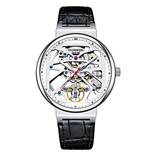 Guanqin Skelett Armbanduhr Männer Mechanische Automatische Wasserdichte Business Uhr, Silber Weiß Schwarz, Gurt von Guanqin
