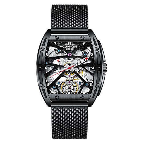 Guanqin Herren-Armbanduhr, automatisch, leuchtend, Skelett, Tourbillon, wasserdicht, mechanische Uhr, Schwarzer Stahl, Armband von Guanqin