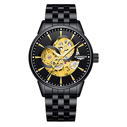 Guanqin Skelett Automatische mechanische Armbanduhr Herren Leuchtende Armbanduhr Tourbillon Uhr Männlich, Schwarz-goldener Zeiger, Armband von Guanqin