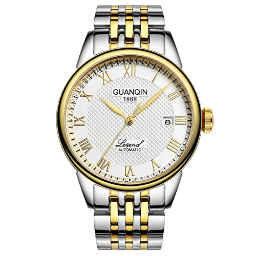 Guanqin Herren Analog Automatisch Selbstaufzug Mechanische Edelstahl Leder Business Armbanduhr Datum Kalender Wasserdicht, Silber Gold Weiß, Armband von Guanqin