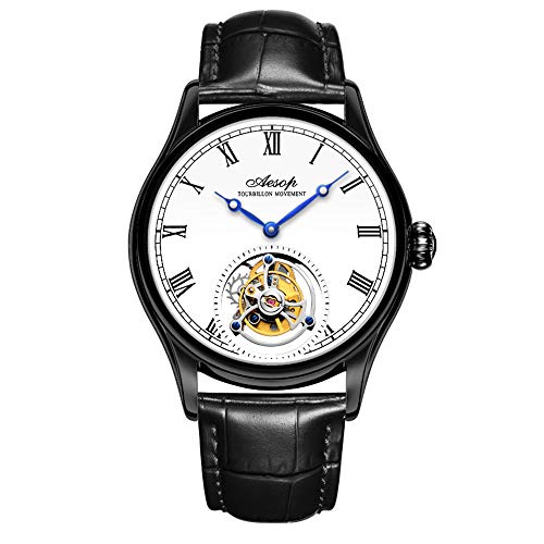 Guanqin Aesop Armbanduhr Analog Manueller Aufzug Mechanische Uhr Herren Edelstahl und Leder Saphir Männlich Skelett Tourbillon Uhr Wasserdicht, schwarz / weiß, M, Gurt von Guanqin