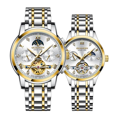 Guanqin Herren Damen Paar Skelett Multifunktional Automatisch Selbstaufzug Mechanische Strass Uhr Saphir Business Doppelseitig Hohl Wasserdicht Mondphase Stahl Armbanduhr, Goldweiß, Klassisch von Guanqin