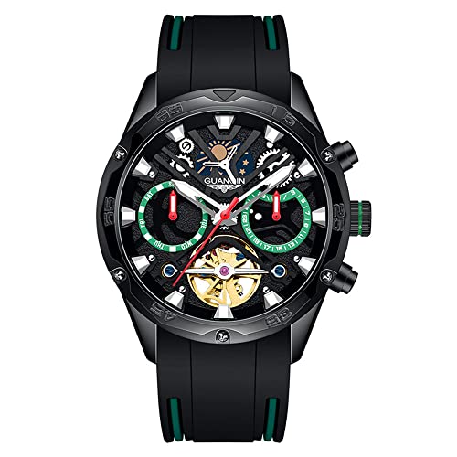 Guanqin Herren-Skelett-Multifunktionszifferblatt, automatisch, selbstaufziehend, mechanische Uhr, Saphir, Business, doppelseitig, hohl, wasserdicht, für Herren, leuchtende Mondphase, Silikon-Gummiband von Guanqin