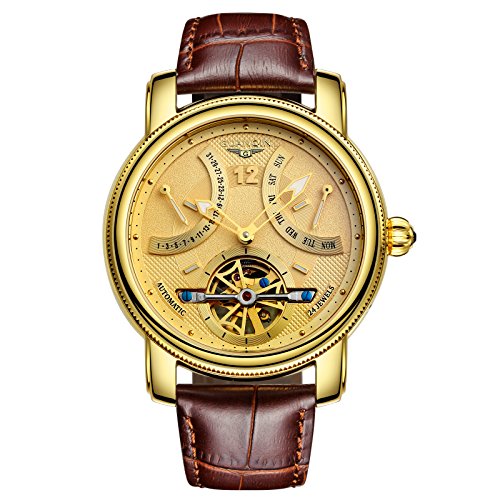 Guanqin Herren Uhr Analog Automatik mit Leder Armband GJ16009 Gold Braun von Guanqin