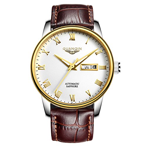 Guanqin Herren Uhr Analog Automatik mit Leder Armband GJ16025 Gold Weiß Braun von Guanqin