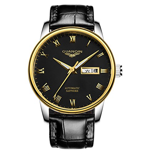 Guanqin Herren Uhr Analog Automatik mit Leder Armband GJ16025 Silber Gold Schwarz von Guanqin