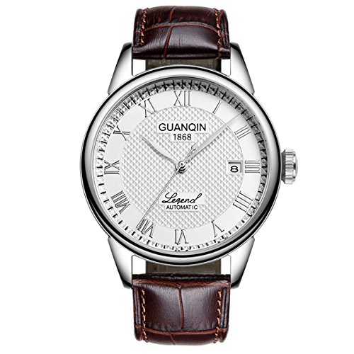 Guanqin Herren Uhr Analog Automatik mit Leder Armband GQ008815 Silber Weiß Braun von Guanqin