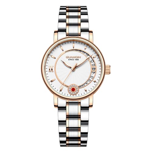 Guanqin Vintage Frauen Kalender Leuchtende Strass Automatische Selbstaufzug Mechanische Armbanduhr Saphirglas Business Wasserdicht Uhr Lady Stilvolles Design Edelstahl Armbanduhr von Guanqin