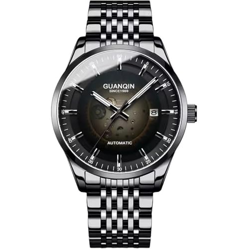 Guanqin Vintage Herren Kalender Leuchtende Japanische Automatische Selbstaufzug Mechanische Armbanduhr Saphirglas Spiegel Business Wasserdicht Uhr Mann Stilvolle Edelstahlarmband Armbanduhr, Schwarz von Guanqin