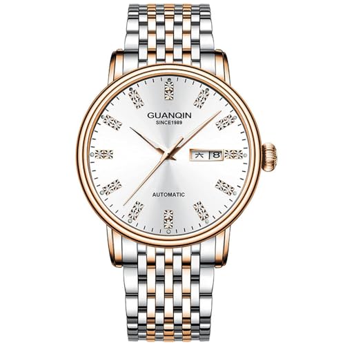 Guanqin Vintage Herren Kalender Woche Leuchtend Automatisch Selbstaufzug Mechanische Armbanduhr Saphirglas Business Wasserdicht Uhr Männlich Stilvolle Edelstahlband Strass Armbanduhr, Rosenweiß von Guanqin