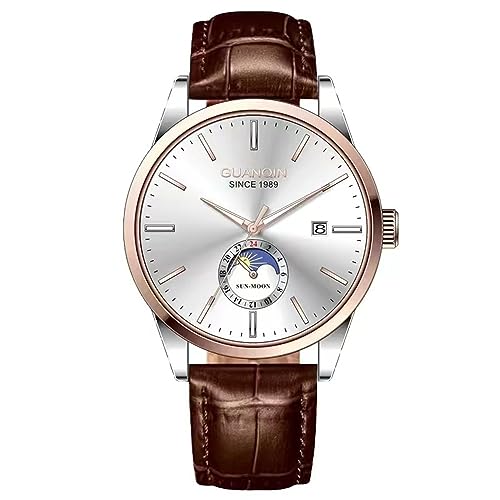 Guanqin Vintage Herren Multifunktions Automatik Selbstaufzug Mechanische Uhr Saphir Business Kalender Leuchtende Mondphase Wasserdichte Uhr Edelstahl oder Lederband Armbanduhr, Rosa, Weiß, Braun von Guanqin
