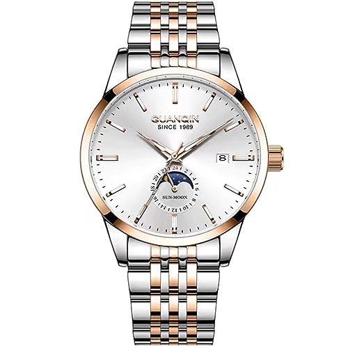 Guanqin Vintage Herren Multifunktions Automatik Selbstaufzug Mechanische Uhr Saphir Business Kalender Leuchtende Mondphase Wasserdichte Uhr Edelstahl oder Lederband Armbanduhr, Rosenweiß, Klassisch von Guanqin